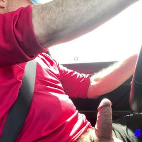 Bearded bear strokes his thick fat dick on i95 interstate while driving.