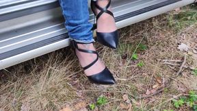 Outdoor Nylon Footjob and Heels