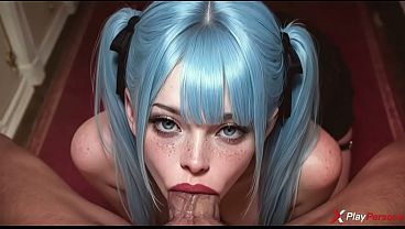 Blue-haired beauty Rem deepthroats and takes cock balls deep [AI]