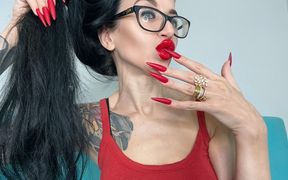Red Matte Color Long Nails, Claws, Long Flexible Fingers Wide Palms, Skin Scratching, Red Lipstick