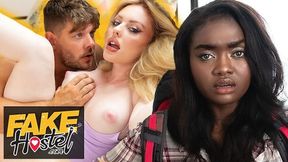 Ebony beauty shares bed with a gigantic black schlong