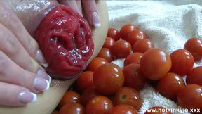 Raw anal&#x1F44C; penetration & vegetable stuffing with multiple petite tomatoes in explicit kinky display