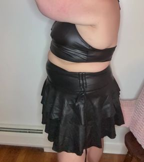 Leather skirt and black top
