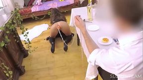 ANAL Maid Soubrette with leash HUGE ANAL PLUG chained - kneel and clean