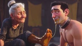 Submissive Slave Licking Wrinkled Feet of Old Ladies