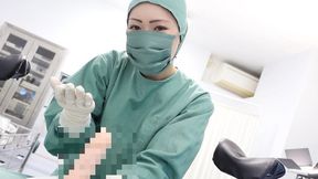 Dildo handjob in an Asian KUROKI operating gown