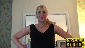 Big tits blonde MILF in stocking masturbates while sucking