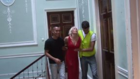 Busty Blonde in a Red Dress Gets Gangbanged, Double Penetrated and Covered in Cum