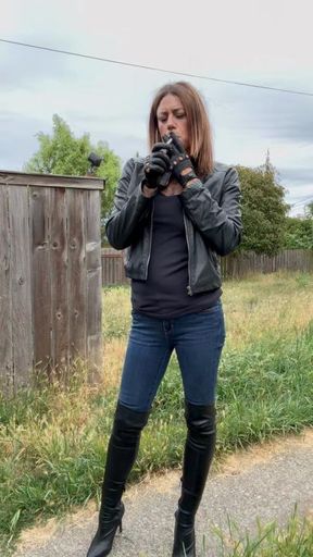 Leather jacket, gloves and boots