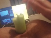 Very skinny shoves cucumber up his small anus