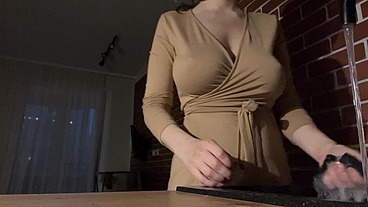 Sex in the kitchen. While it's night outside, you fuck my tight pussy in the kitchen and pour your warm cum on my natural elastic tits. Full video