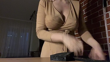 Sex in the kitchen. While it's night outside, you fuck my tight pussy in the kitchen and pour your warm cum on my natural elastic tits. Full video