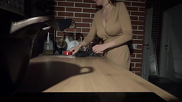 Sex in the kitchen. While it's night outside, you fuck my tight pussy in the kitchen and pour your warm cum on my natural elastic tits. Full video