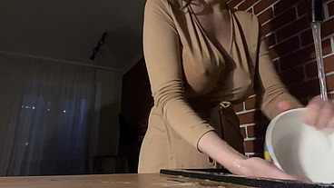 Sex in the kitchen. While it's night outside, you fuck my tight pussy in the kitchen and pour your warm cum on my natural elastic tits. Full video