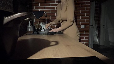 Sex in the kitchen. While it's night outside, you fuck my tight pussy in the kitchen and pour your warm cum on my natural elastic tits. Full video