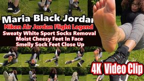 4k | Maria Black Nike Air Jordan Flight Legend – Sweaty White Sport Socks Removal, Moist Cheesy Feet In Face, Smelly Sock Feet Close Up, Black Jordans Sniffing copy