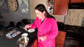 POV sucking and jerking off cock topless to eat hard boiled eggs with cum for breakfast.