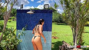 first she took a shower with a hose. then, she took a shower with a dick.