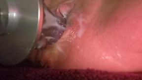 Whore with her ruined cunt a huge dildo and a fuck machine