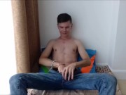 Russian teen student jerks off a big cock in jeans and cums a lot
