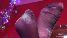 Mistress sexy feet in slippers and lurex pantyhose