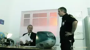 Curvy brunette cop gets a threesome before leaving with biggest tits