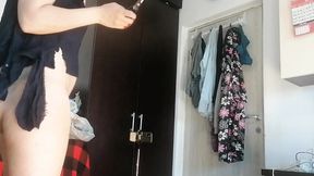 Amateur Wife Dancing Naked at Home  Amateur Woman Has Fun Trying on Clothes and Cutting Them