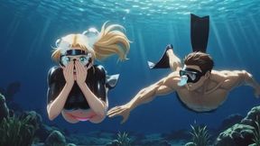 Deep Sea Freediving Breath Training with Air Sharing Kiss - Blonde in Shiny Black Wetsuit Top