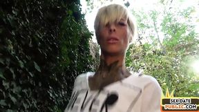 Inked public MILF rides sex date guy outdoor after blowjob