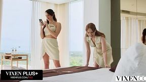 Two Smoking Hot Office Sluts Ella Hughes And Audrey Reid Double-Team Dudes In Wild Hotel Room Gangbang