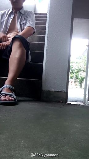 Fully naked exposure ejaculation on a public staircase