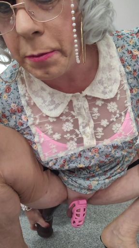 Thrilling moment from &quot;Granny tranny Holly riding a BBC dildo and cums in her chastity cage&quot;