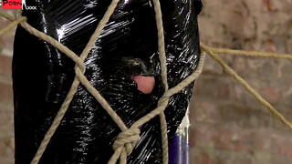 Bound and blind folded slave enjoys a handjob from master
