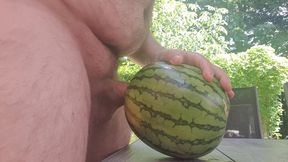 Horny nudist fuck melon at home in the garden