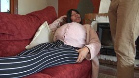 horny pregnant milf lets stepson cum inside her hairy pussy