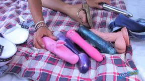 Dirty lesbian stepsisters are trying new toys on the bed