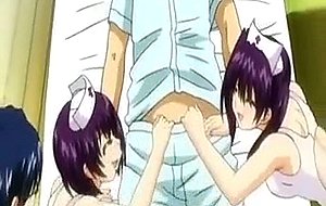 Three anime nurses licking and sharing a cock