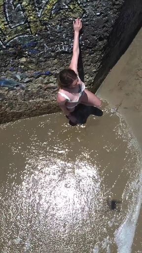 Slutty Porn Star Models on Public Beach