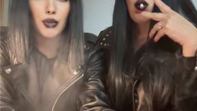 Brunette bimbos smoking 100s all white menthol cigarette wearing black leather and black lipstick