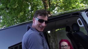 Big ass girl with many tattoos and colored hair is picked up for a car fuck