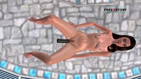 An animated 3D cartoon porn video - A cute Girl laying on the floor masturbating using bottle near swimming pool
