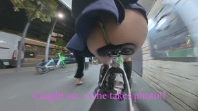 Public exposure on bike in public showing butt plug