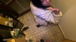 Risky Outdoor &amp; Indoor Blowjob in Stockings &amp; White Fur Coat - Messy Cum Finish 297