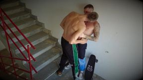 A skater met a guy and went off to the stairs with him for a rough ass fucking.