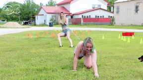 Chastidy versus Rose in Gagged Bearcrawling Tug of War