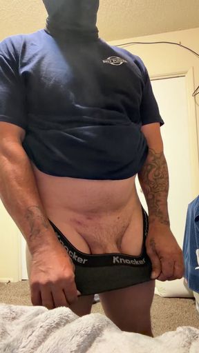 Horny man in mask jerking off