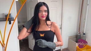 The maid is caught masturbating with the mop in public by the neighbors, she wants to fuck everyone