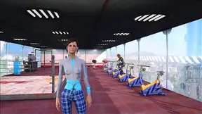 Brunette Fox in Fallout 4 Armor Teases Muscular Guy at Neon-Lit Gym