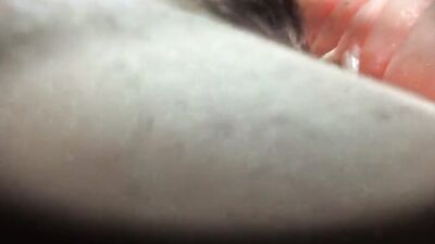 Detailed extreme closeup stiff glistening cock, foreskin pulled back, fucking, thrusting, penetrating rubber (TPE) pussy sex toy