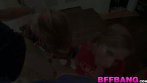 Teen blonde BFFs give a blowjob to a big-dicked friend before doggystyle fuck